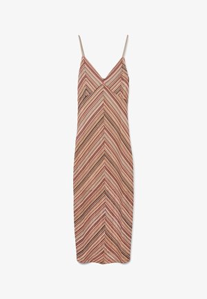 Abito a bretelle con motivo a zig-zag in tonalità di rosa e beige, con spalline sottili e un taglio aderente. Tessuto dalla superficie liscia.