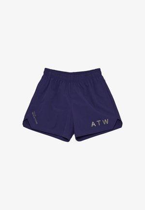 Marineblaue Sportshorts mit elastischem Bund, Seitentaschen, reflektierendem "ATW"-Logo am rechten Bein und Seriennummer am linken Bein.