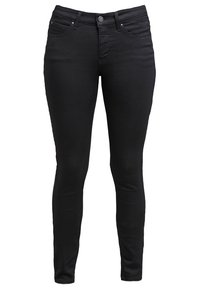 Jean slim noir avec fermeture à bouton et à glissière, poches avant et arrière, et passants de ceinture, présenté sur un fond blanc.