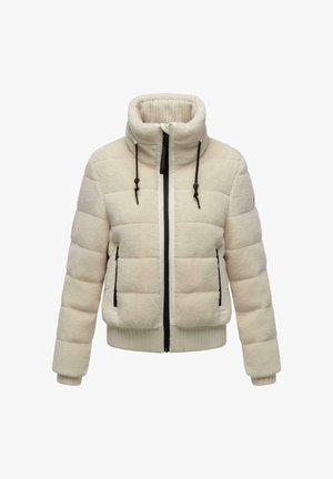 Kreemivärviline polsterdatud jakk kõrge kaelusega, kahte esipocketit, soonilised mansetid ja reguleeritavad tõmblukud. Pehme tekstuur ja struktureeritud disain.