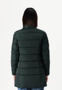 Tumši zaļš pūkains mētelis ar quilted sekcijām, augstu apkakli un garām piedurknēm. Gluda tekstūra ar vieglu spīdumu.