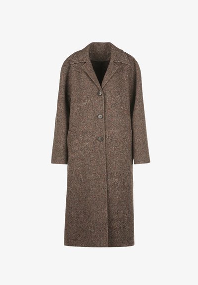 Vilnas maisījuma herringbone stila mēteli brūnos un pelēkos toņos, ar izgrieztu apkakli, trim pogām un sānu kabatām, ar taisnu siluetu.