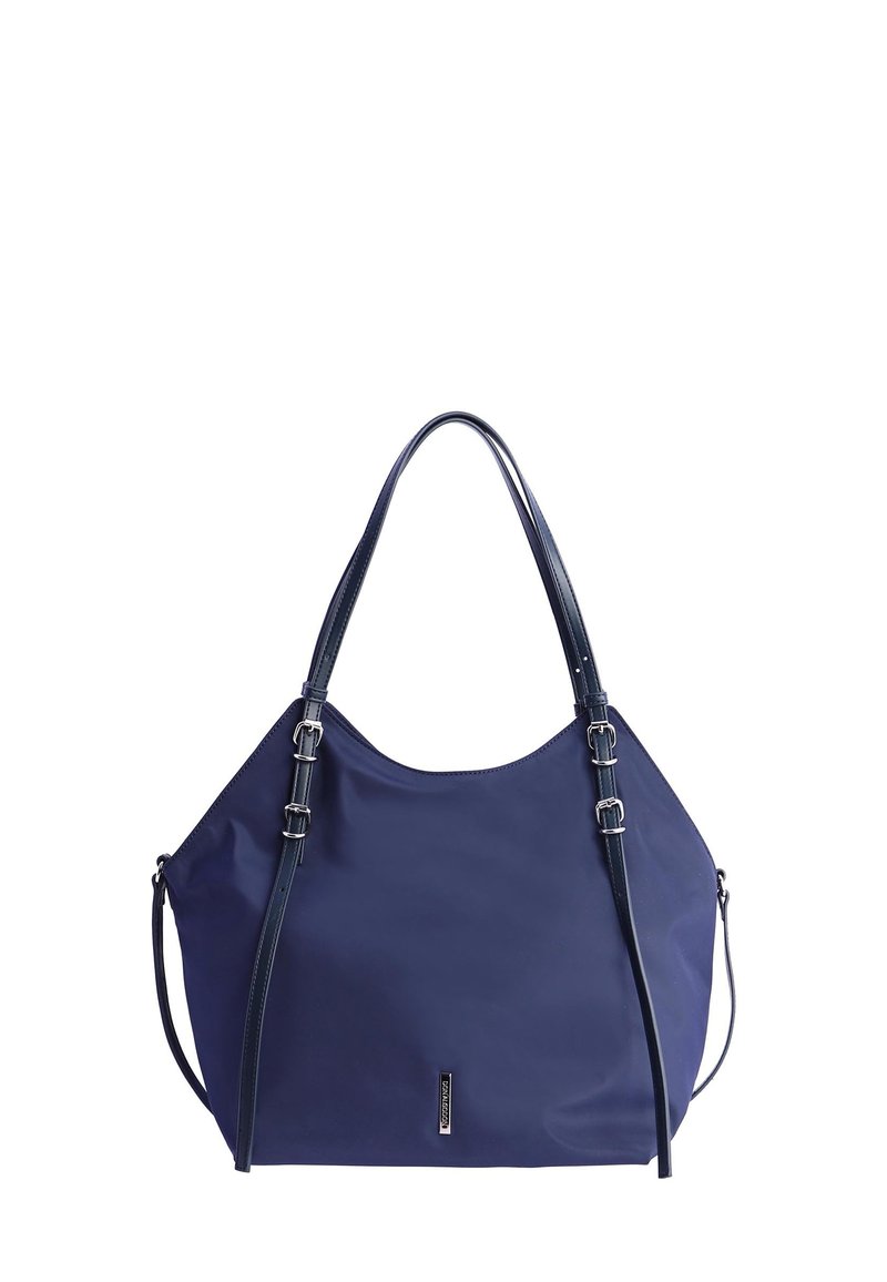 Bolso de hombro azul marino hecho de un material suave y duradero. Cuenta con dos asas, una correa ajustable y un sutil logotipo en la parte inferior.