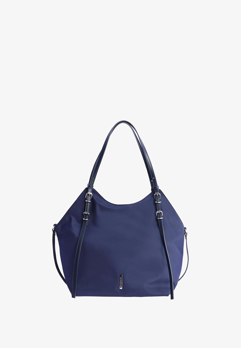 Bolso de hombro azul marino hecho de un material suave y duradero. Cuenta con dos asas, una correa ajustable y un sutil logotipo en la parte inferior.