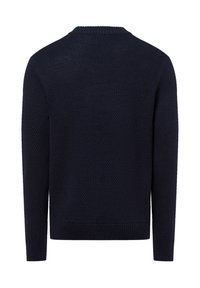 Marineblauer Pullover mit strukturiertem Strickmuster, Rundhalsausschnitt sowie gerippten Bündchen und Saum. Verfügt über eine lässige Passform und lange Ärmel.