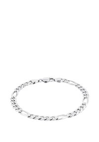 Pulsera de cadena de plata con eslabones planos y ovalados alternos y un cierre de langosta, colocada sobre un fondo blanco.