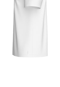White short-sleeved t-shirt made from smooth fabric. Features a straight cut, minimal stitching details, and a small brand label at the hem.