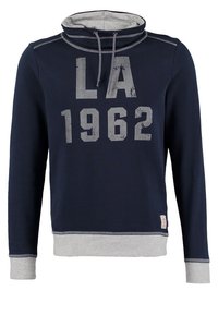 Felpa navy con dettagli grigi, caratterizzata da un collo a cowl, stampa frontale "LA 1962" in bianco consumato e polsini e orlo a coste.