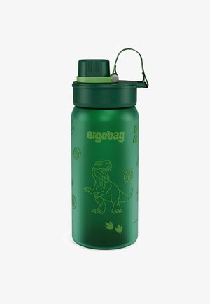 Grüne Wasserflasche mit dunkelgrünem Deckel und Riemen, versehen mit Dinosaurier- und Fossilienillustrationen sowie dem "ergobag"-Logo auf der Vorderseite.