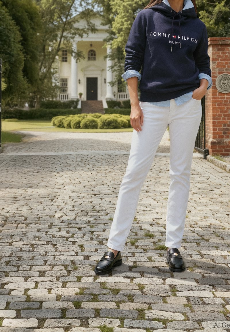 Personne debout sur un chemin pavé, portant un sweat à capuche bleu marine, un pantalon blanc et des mocassins noirs devant une grande maison blanche à colonnes avec de la verdure.