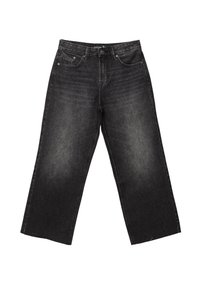 Jeans larghi in denim nero con vita alta, quattro tasche e dettagli sbiaditi per un aspetto vissuto. Cuciture classiche in tutto il capo.