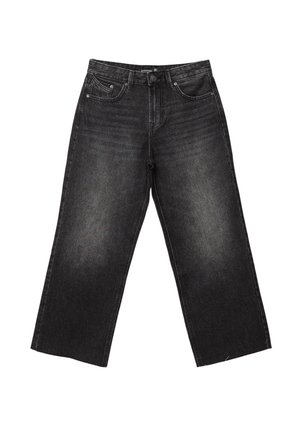 Jeans larghi in denim nero con vita alta, quattro tasche e dettagli sbiaditi per un aspetto vissuto. Cuciture classiche in tutto il capo.