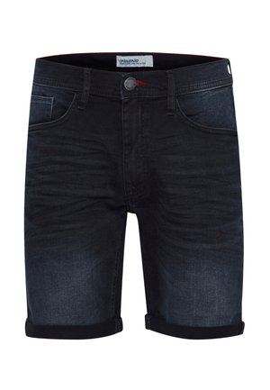 Denim shorts in dark wash with rolled hems, five-pocket design, and metal button closure. Features slight fading for texture detail.