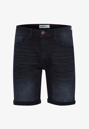Jeansshorts in dunkler Waschung mit aufgerolltem Saum, fünf Taschen und Metallknopfverschluss. Verfügt über leichte Ausbleichungen für zusätzliche Textur.