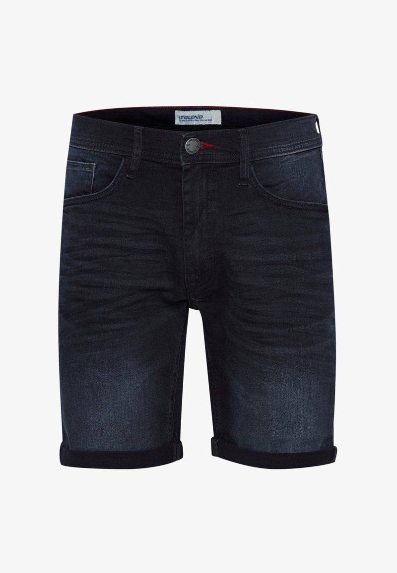 Denim shorts in dark wash with rolled hems, five-pocket design, and metal button closure. Features slight fading for texture detail.