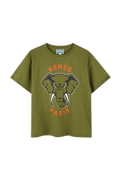 T-shirt à manches courtes vert olive arborant un graphique de tête d'éléphant avec des précieuses et le texte « KENZO PARIS » en orange.