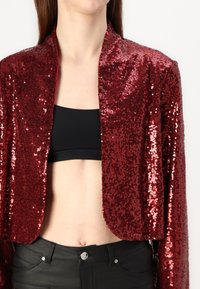 Red sequin cropped jacket with a shawl collar, paired with a black cropped top. The fabric is shiny and textured with overlapping sequins.