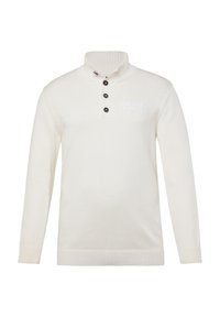 Cremfarbener gestrickter Pullover mit hohem Kragen, einem Drei-Knopf-Verschluss und gerippten Bündchen und Saum. Verfügt über dezente Branding in heller Schrift.