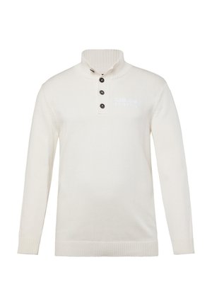 Cremfarbener gestrickter Pullover mit hohem Kragen, einem Drei-Knopf-Verschluss und gerippten Bündchen und Saum. Verfügt über dezente Branding in heller Schrift.
