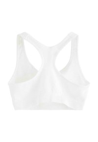 White sports bra with a textured knit design, featuring a racerback style and wide straps. Seamless construction for comfort.