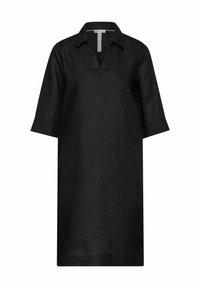 Schwarzes Leinenkleid mit aufgesetztem Kragen, kurzen Ärmeln und geradem Schnitt. Minimalistisches Design, glatte Textur und leichtes Material.