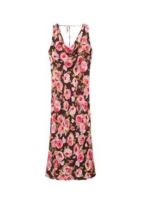 Rochie florală cu decolteu drapat, dintr-un material maro ce prezintă modele de trandafiri roz și verzi. Design fără mâneci cu un simplu detaliu de legare în spate.