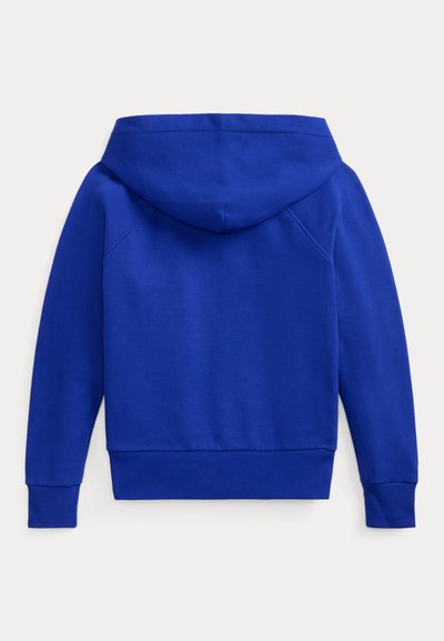 Blå hettegenser med glatt tekstur, klassisk snitt, lange ermer og hette med snøring. Ingen synlige logoer eller pynt.