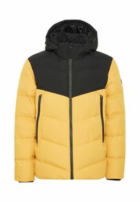 Gelbe und schwarze Pufferjacke mit Kapuze, versehen mit einem Chevron-Muster, zwei Reißverschlusstaschen und einer gesteppten Textur. Leichtes Material.