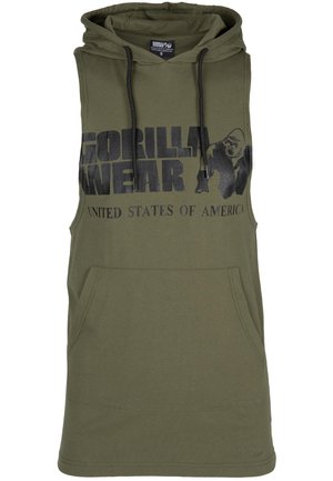 Olive green sleeveless hoodie with a front pocket and drawstrings. Features a black print of "GORILLA WEAR" and "UNITED STATES OF AMERICA."