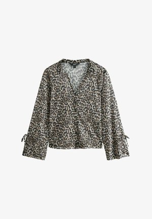 Leopard print blouse in lightweight fabric. Features a V-neck, long sleeves with tie detail, and a relaxed fit. Colors: beige, black, brown.