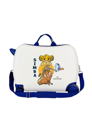 Maleta infantil blanca y azul con personajes de El Rey León: Simba, Timon, Pumbaa y Zazu, con texto "SIMBA" y ruedas.