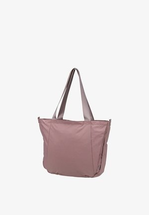 Pink tote bag with wide fabric body, two sturdy gray handles, and a smooth texture. Features minimalistic design and soft, rounded edges.
