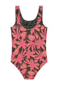 Maillot de bain une pièce avec un fond sombre orné de motifs de feuilles tropicales roses vives. Fines bretelles et décolleté rond.
