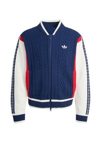 Námořnická modrá, bílá a červená pletená bunda na zip s kabelovým vzorem, žebrovaným límcem a manžetami a logem Adidas na hrudi.
