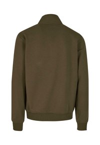 Felpa in cotone marrone con colletto alto, maniche lunghe e polsini e orlo a coste. Tessuto liscio, retro senza decorazioni.