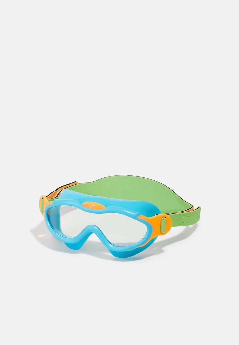 Blue swimming goggles with orange and green accents. Features thick frames, clear lenses, and an adjustable green strap.