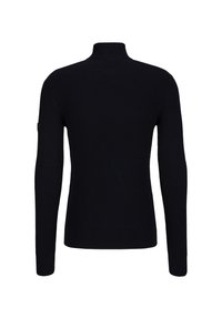 Marineblauer Rippstrick-Turtleneck-Pullover mit langen Ärmeln und schmaler Passform. Verfügt über einen kleinen Akzent am linken Ärmel. Mattee Oberfläche.