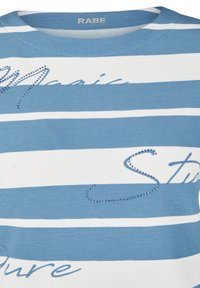 Gestreiftes Hemd in Blau und Weiß aus strukturiertem Stoff. Verziert mit Strassakzenten, die Wörter in geschwungener Schrift spellten. Runder Ausschnitt.