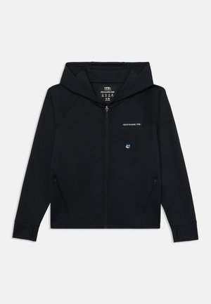 Black zip-up hoodie made from a smooth fabric. Features a hood, side pockets, and white embroidered logo on the chest area.