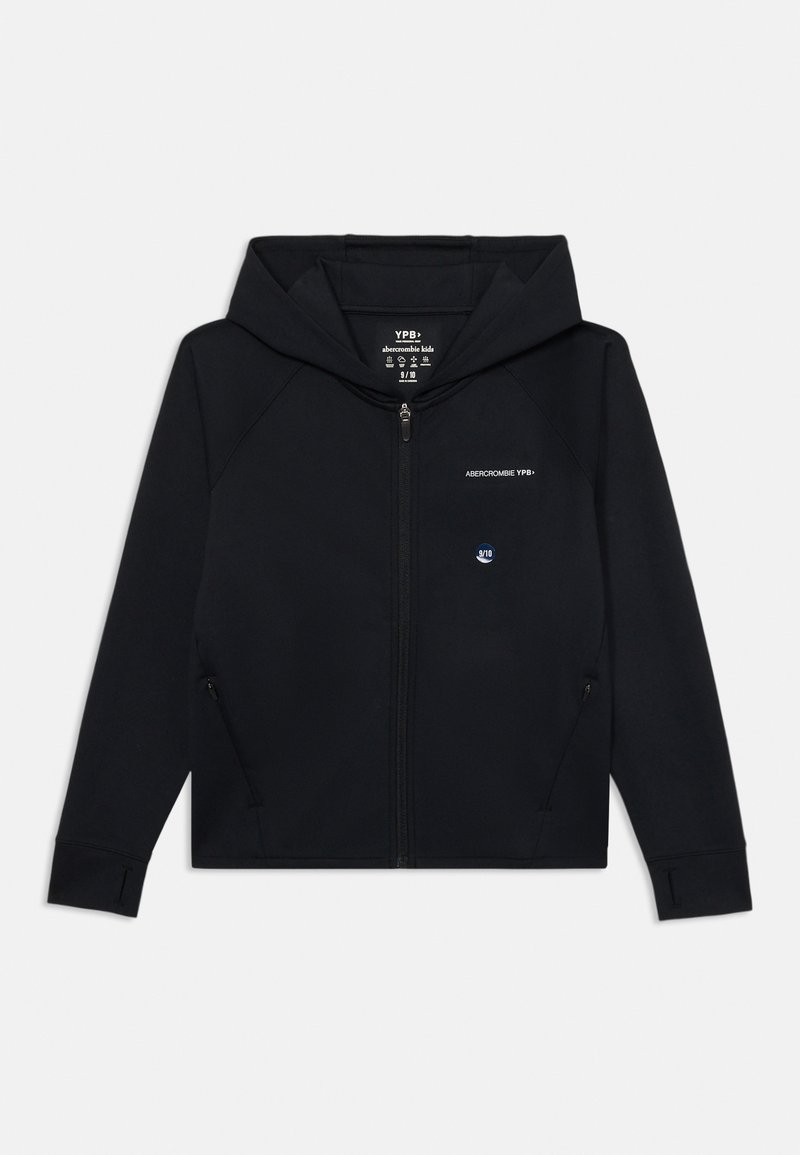 Schwarze Zip-Hoodie aus einem glatten Stoff. Verfügt über eine Kapuze, Seitentaschen und ein weißes gesticktes Logo im Brustbereich.