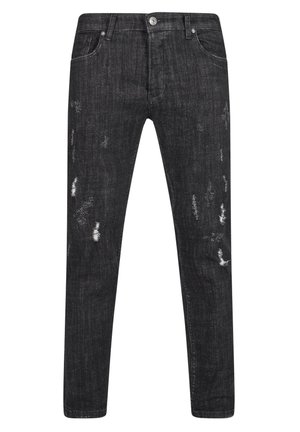 Jeans de mezclilla negra con un corte ajustado, detalles desgastados y un ligero desvanecimiento, con bolsillos estándar y cierre de botón de metal.