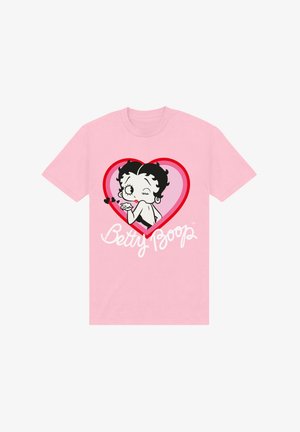 Lyserød bomulds T-shirt med et grafisk motiv af Betty Boop inde i et rødt hjerte, med sorte detaljer og hvid tekst, der staver "Betty Boop."
