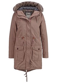 Parka d'hiver longue mauve avec capuche doublée de fourrure, fermeture éclair devant sous rabat, cordons de taille ajustables et deux poches avant à boutons.