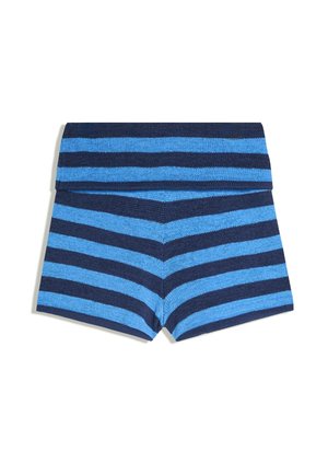Shorts en maille avec des rayures horizontales bleu marine et bleu clair et une ceinture à revers, posés à plat sur un fond blanc.