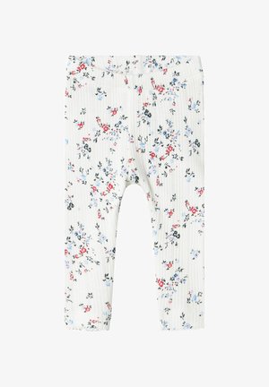Lys grå bomuldsleggings med ribbet tekstur og et blomsterprint med røde, blå og sorte blomster. Elastisk talje med bølgede kanter.