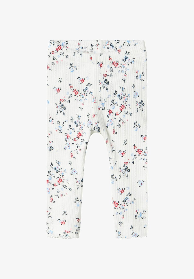 Jasnoszare legginsy bawełniane z prążkowaną teksturą i kwiatowym wzorem, na którym znajdują się czerwone, niebieskie i czarne kwiaty. Elastyczny pas z falbaniastymi krawędziami.