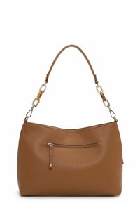 Ruskea nahkainen käsilaukku, jossa on teksturoidu pinta, kaareva muoto ja ketjulenkkinen olkahihna. Edessä vetoketjullinen tasku.