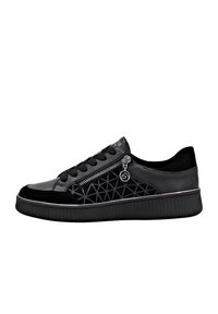 Schwarze Sneaker mit einem schlanken Leder-Obermaterial, strukturierten Akzenten, geometrischem Muster an der Seite, runder Zehenpartie und gestreifter Gummisohle. Verfügt über einen Reißverschluss.