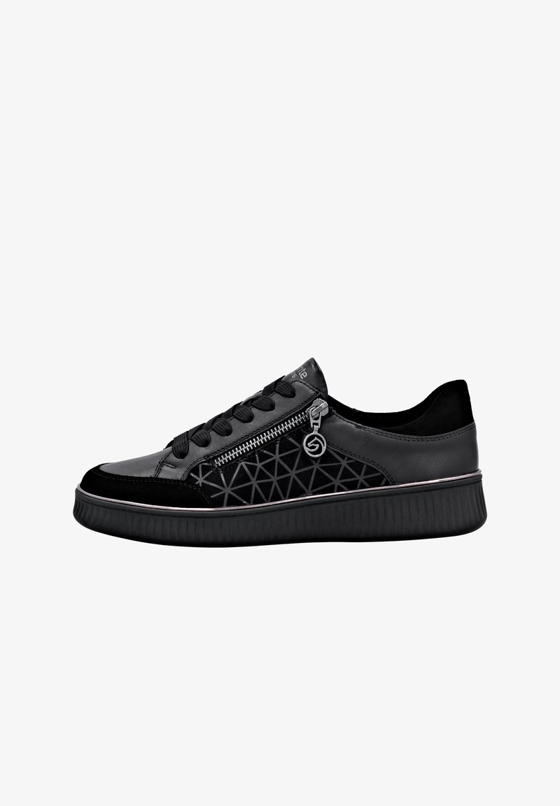 Black sneaker with a sleek leather upper, textured accents, geometric pattern on the side, rounded toe, and striped rubber sole. Features a zip.