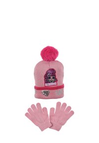 Pink knitted beanie with a pom-pom and character patch, paired with pink gloves. Beanie features silver hearts and a decorative band.